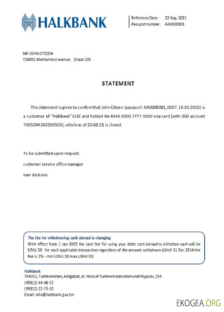 Référence Turkménistan , Halkbank , closure